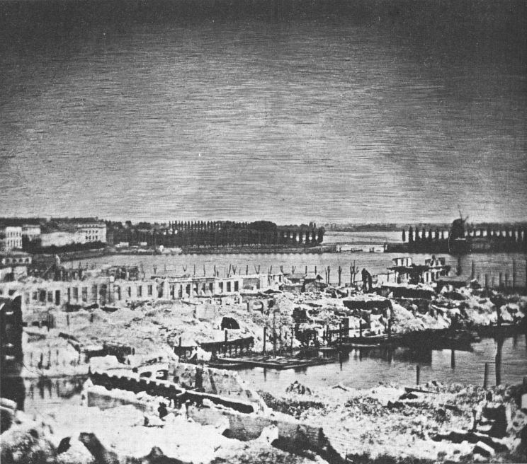 Zerstörungen von 1842 an Jungfernstieg und Kleiner Alster. Blick vom Dach der Börse Richtung Lombardsbrücke.